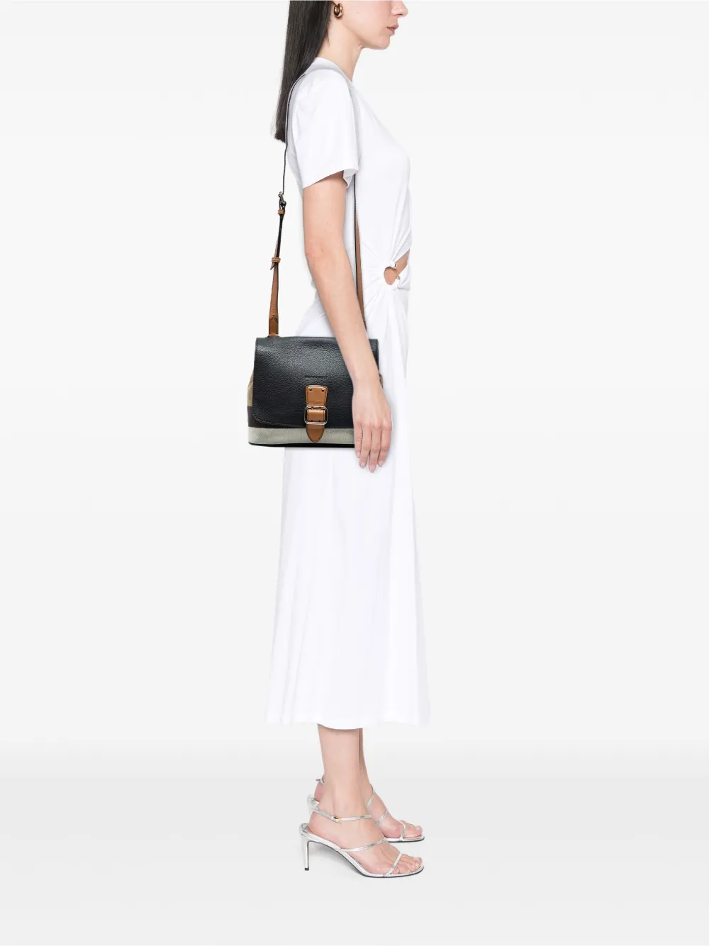 BURBERRY Pre-owned 2021-2025 Mega Check Canvas And Grainy Calfskin Shellwood Crossbody Bag In Black