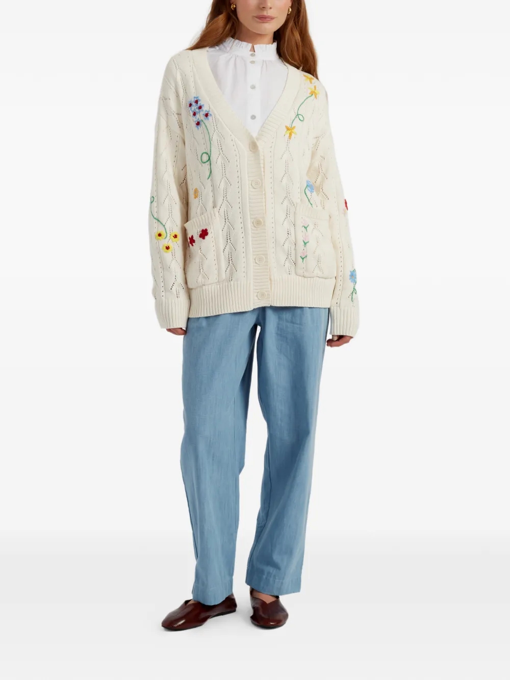Chinti & Parker Vest met geborduurde bloemen Beige