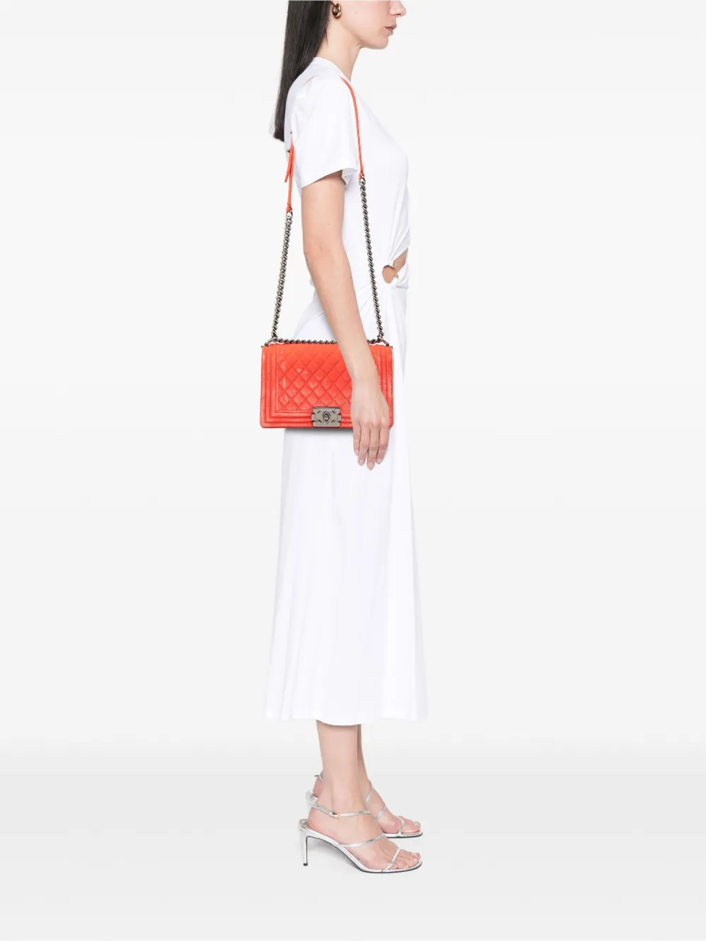 Pre-owned Chanel 2015-2016 Old Medium Quilted Velvet Boy Flap Crossbody Bag In Orange