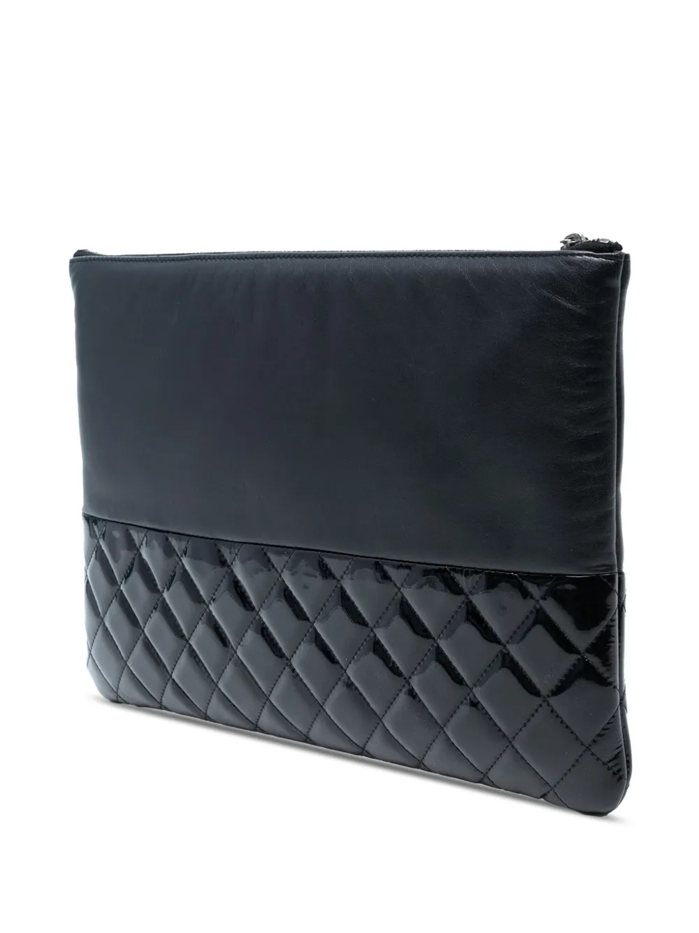 Pre-owned Chanel 2014-2015 Large Lambskin And Quilted Patent O Case Clutch Bag In Black