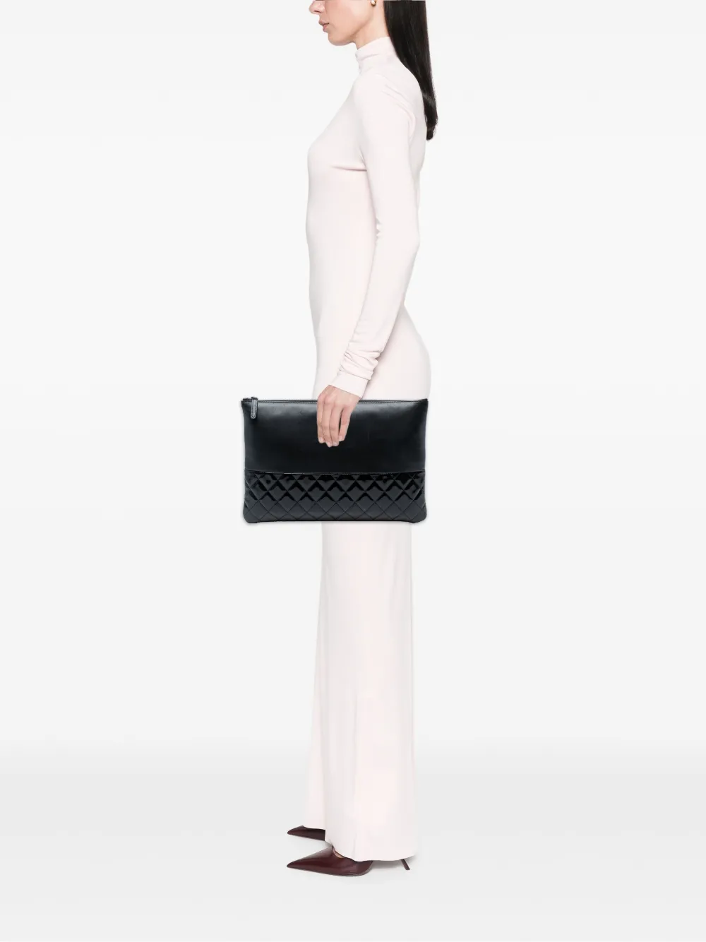 Pre-owned Chanel 2014-2015 Large Lambskin And Quilted Patent O Case Clutch Bag In Black