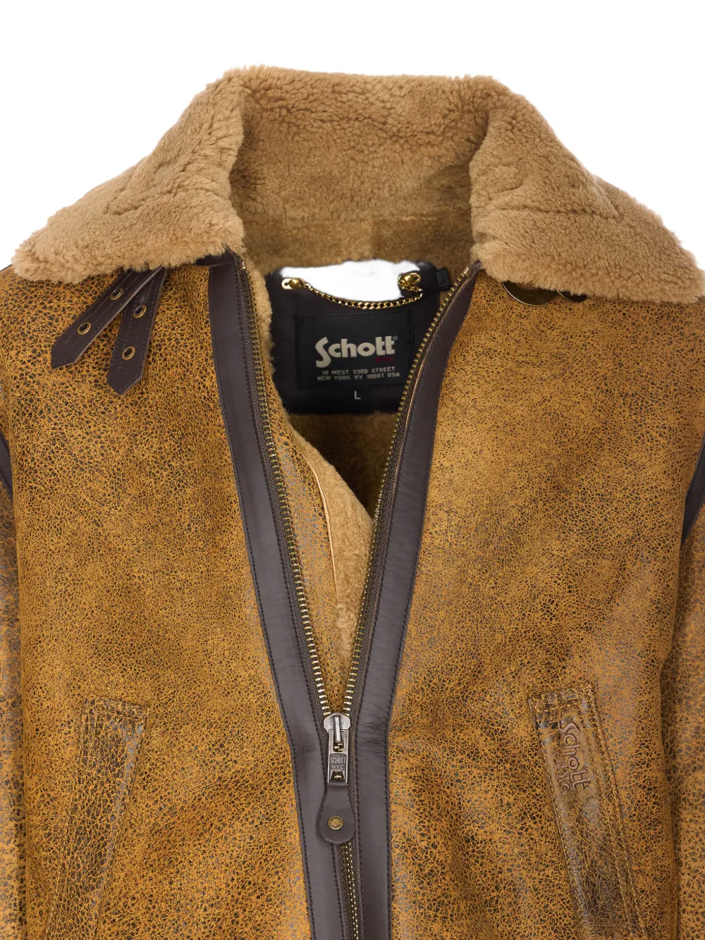 Schott Adjustable Strap Shearling Jacket Pockets In Brown