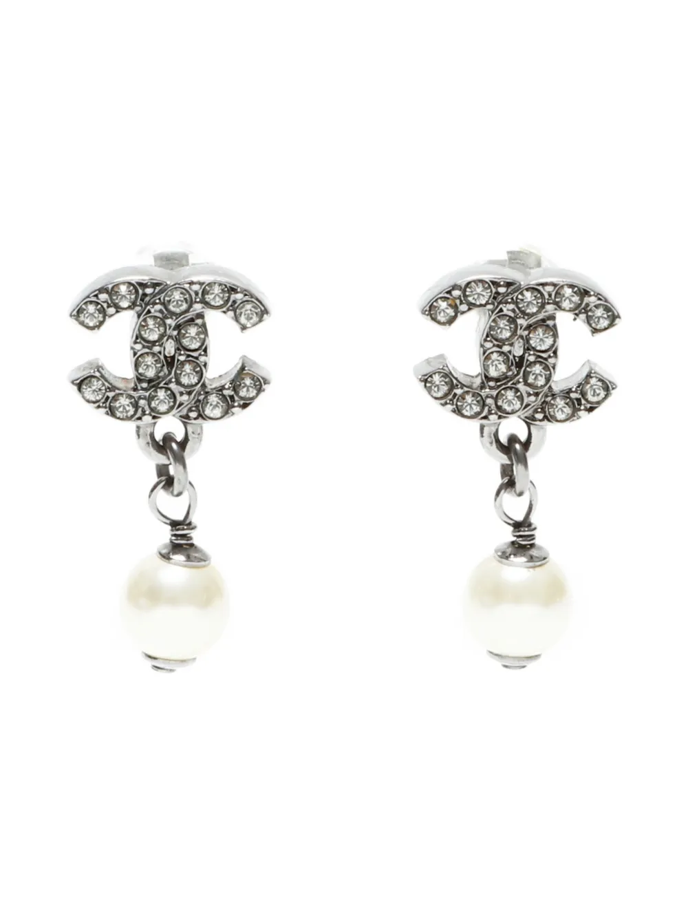 CHANEL Pre-Owned 2010 CC-mark rhinestone pearl earrings - シルバートーン CHANEL Pre-Owned 2010 CC-mark rhinestone pearl earrings - シルバートーン