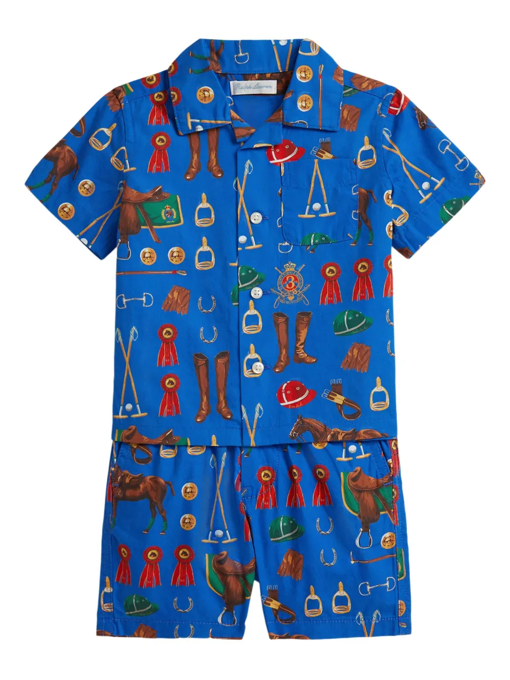 POLO RALPH LAUREN KIDS equestrian-print cotton shorts set - Blue