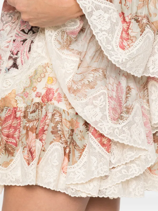Zimmermann Floral-print Mini Dress With Lace Detail - Neutrals