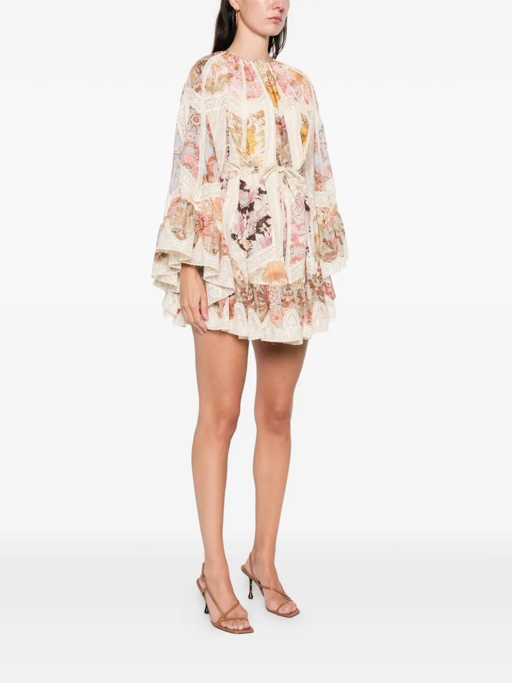 ZIMMERMANN Daylight mini-jurk met bloemenprint en kant Beige