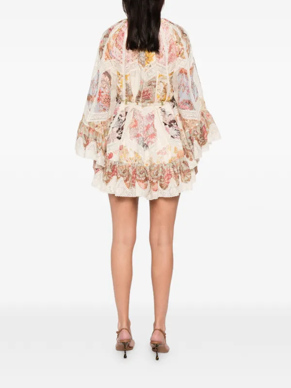 Zimmermann Floral-print Mini Dress With Lace Detail - Neutrals