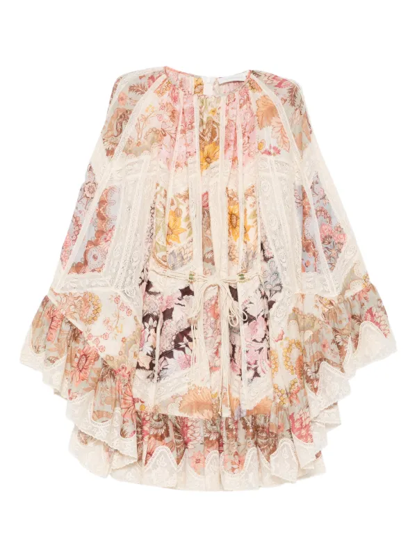 Zimmermann Floral-print Mini Dress With Lace Detail - Neutrals
