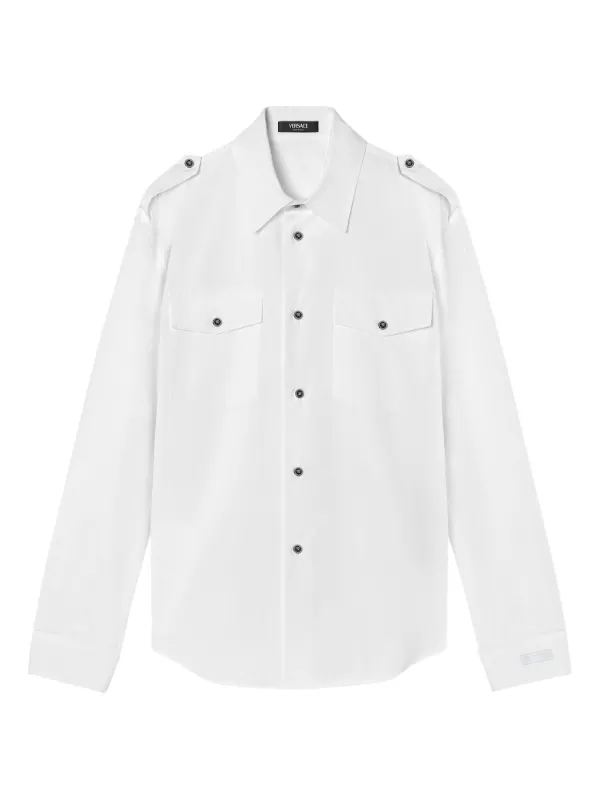 versace white dress shirt Embroidered Cotton-Poplin Evening Shirt White