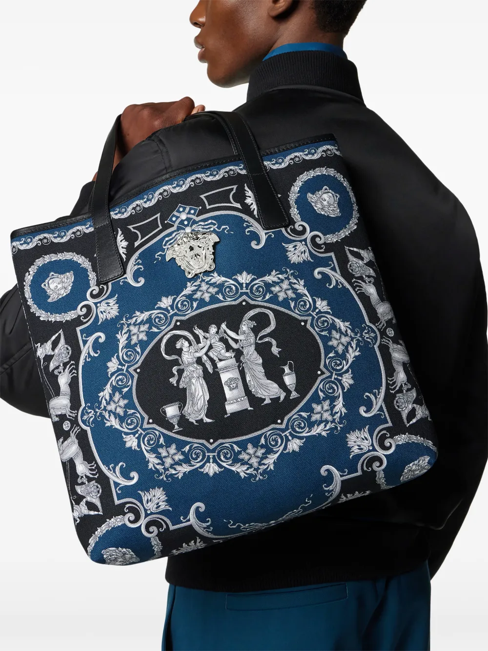 Versace La Medusa Cotton Tote Bag In Blue