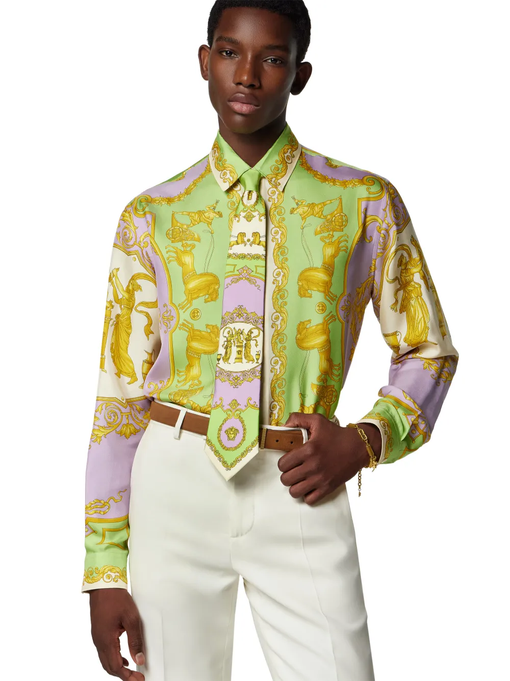 Versace Printed Silk Tie In Green