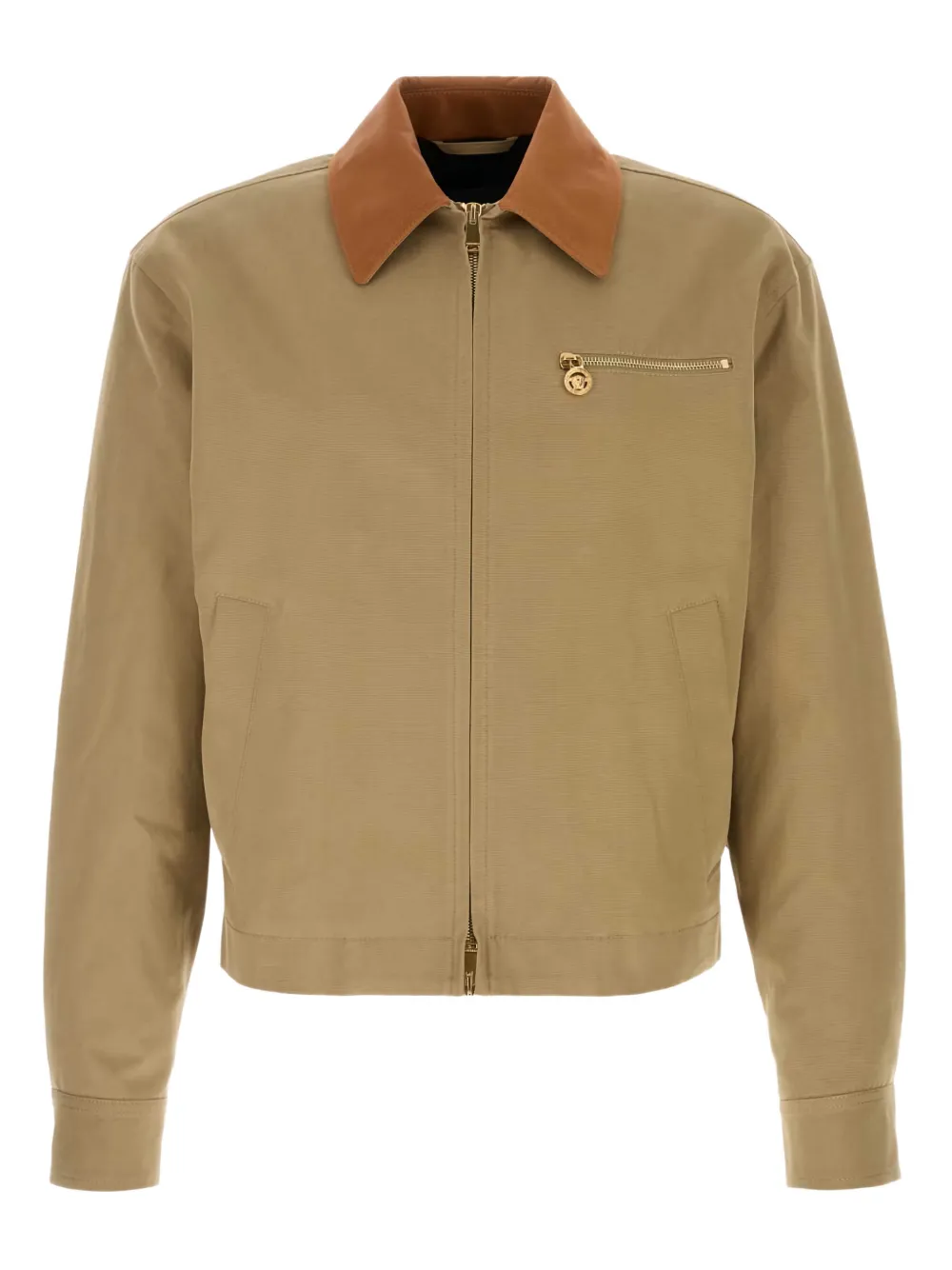 Versace Beige Jacket With Leather Collar And Metallic Medusa Head Detail In Cotton Canvas Man In Brown