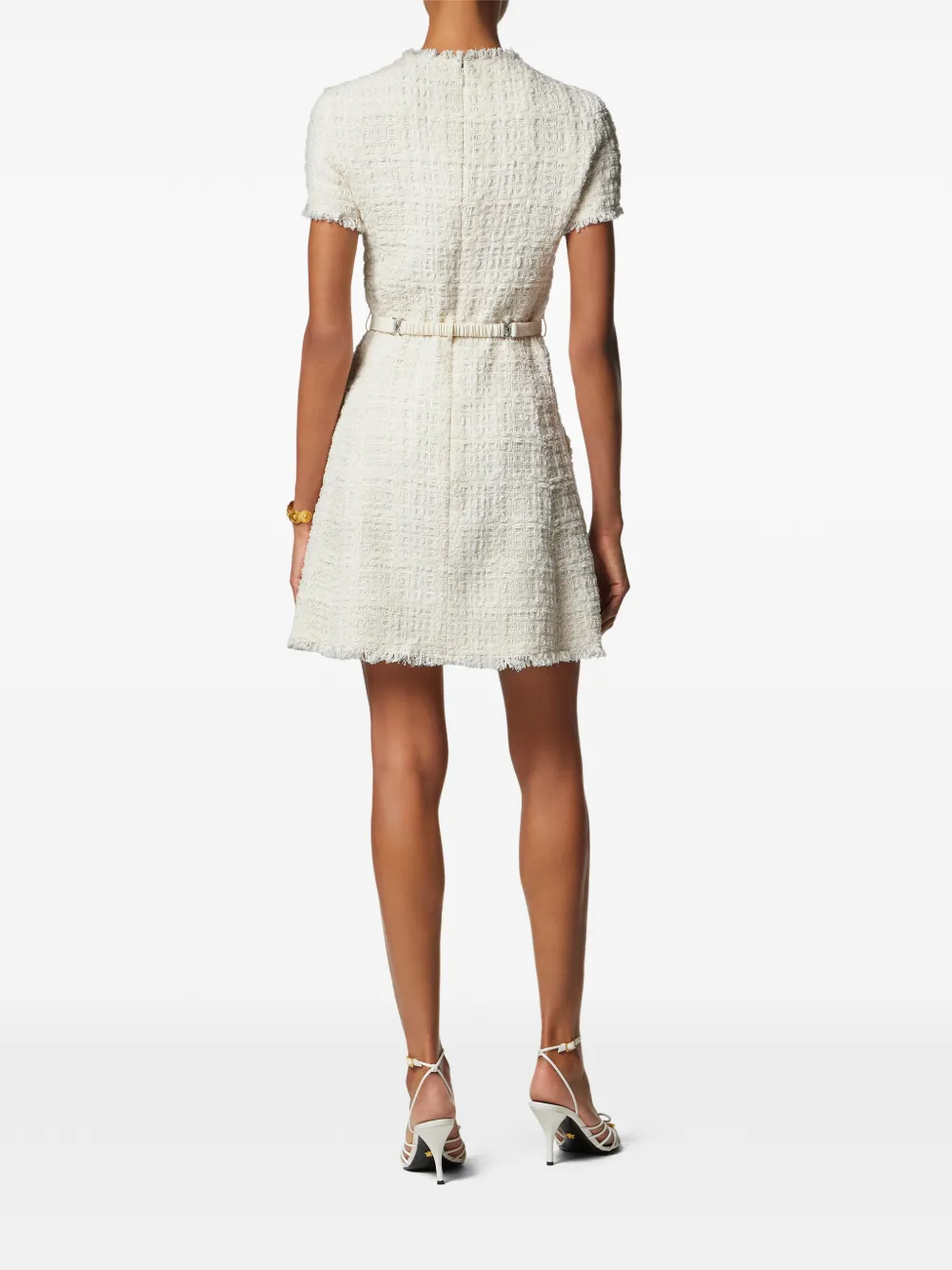 Versace Belted Metallic Cotton-blend Tweed Mini Dress In White