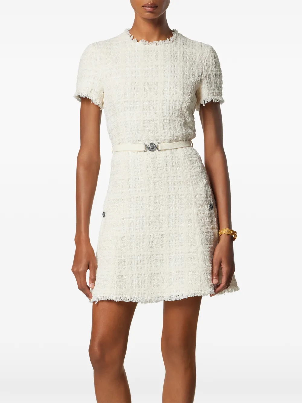 Versace Belted Metallic Cotton-blend Tweed Mini Dress In White