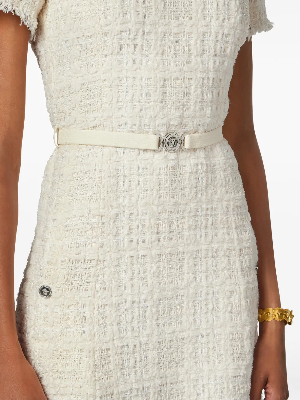Versace Belted Metallic Cotton-blend Tweed Mini Dress In White