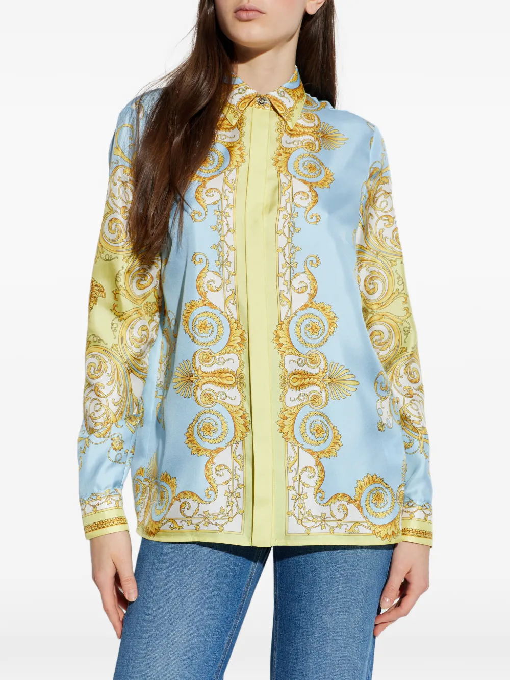 Versace Multicolor Long-sleeved Shirt With Pointed Collar And All-over Baroque Print In Silk For Women