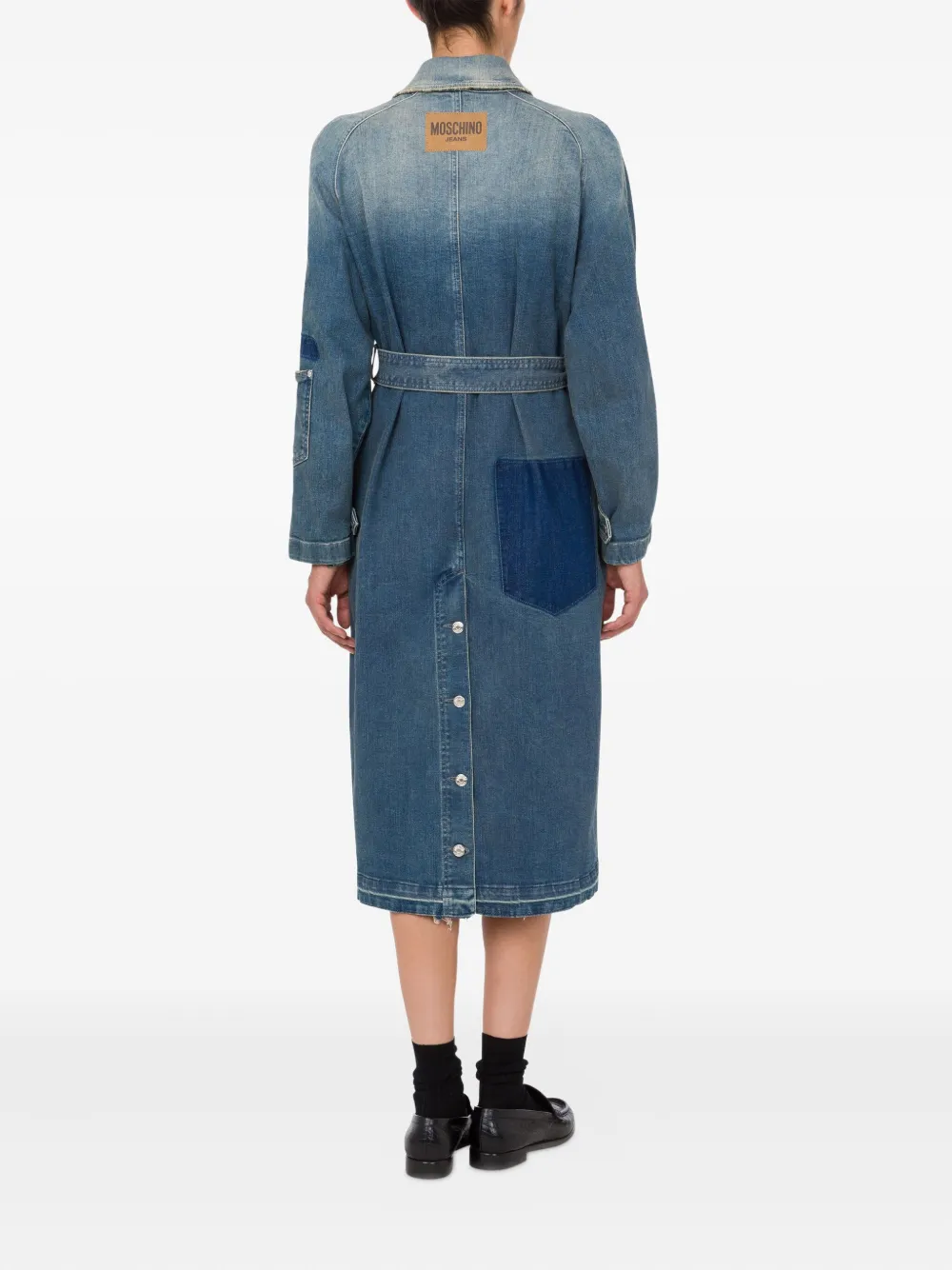  Moschino Jeans Belted Denim-patchwork Trench Coat - Blue 