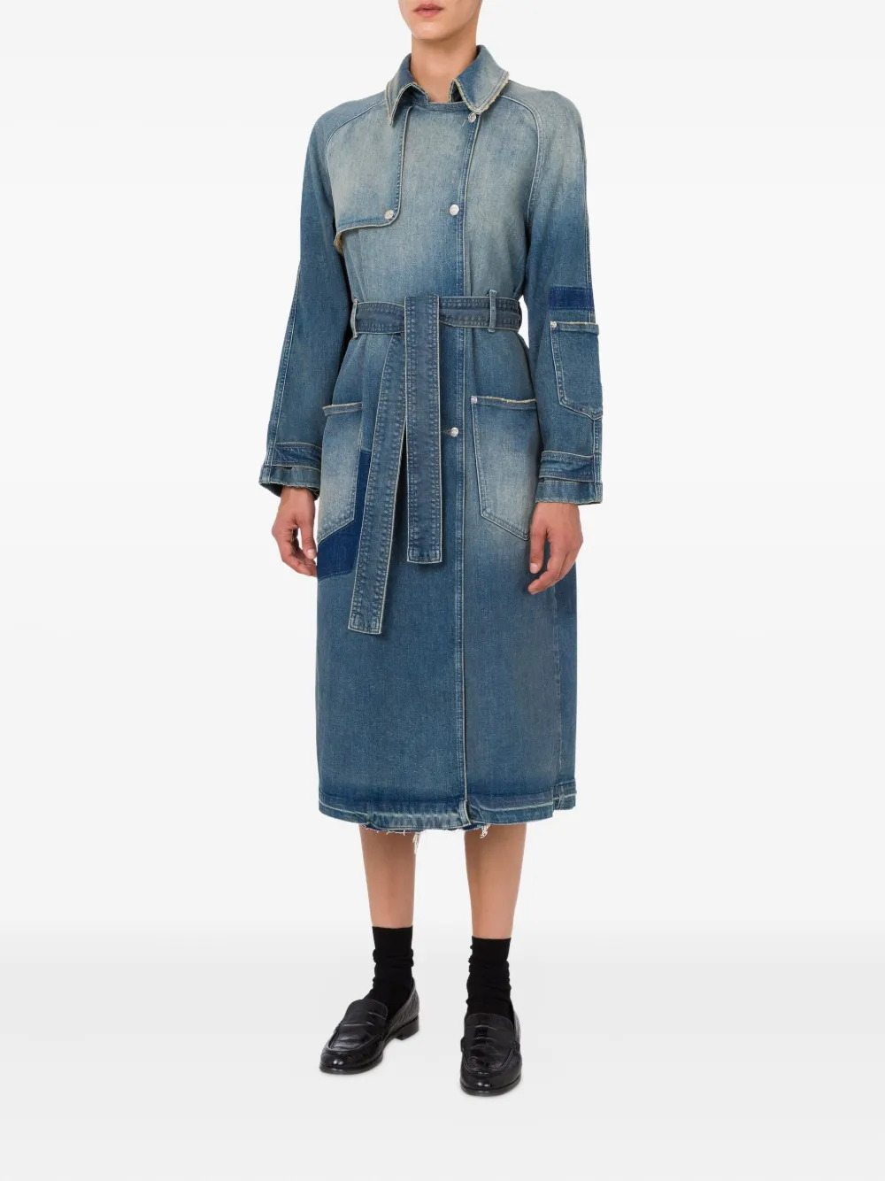  Moschino Jeans Belted Denim-patchwork Trench Coat - Blue 