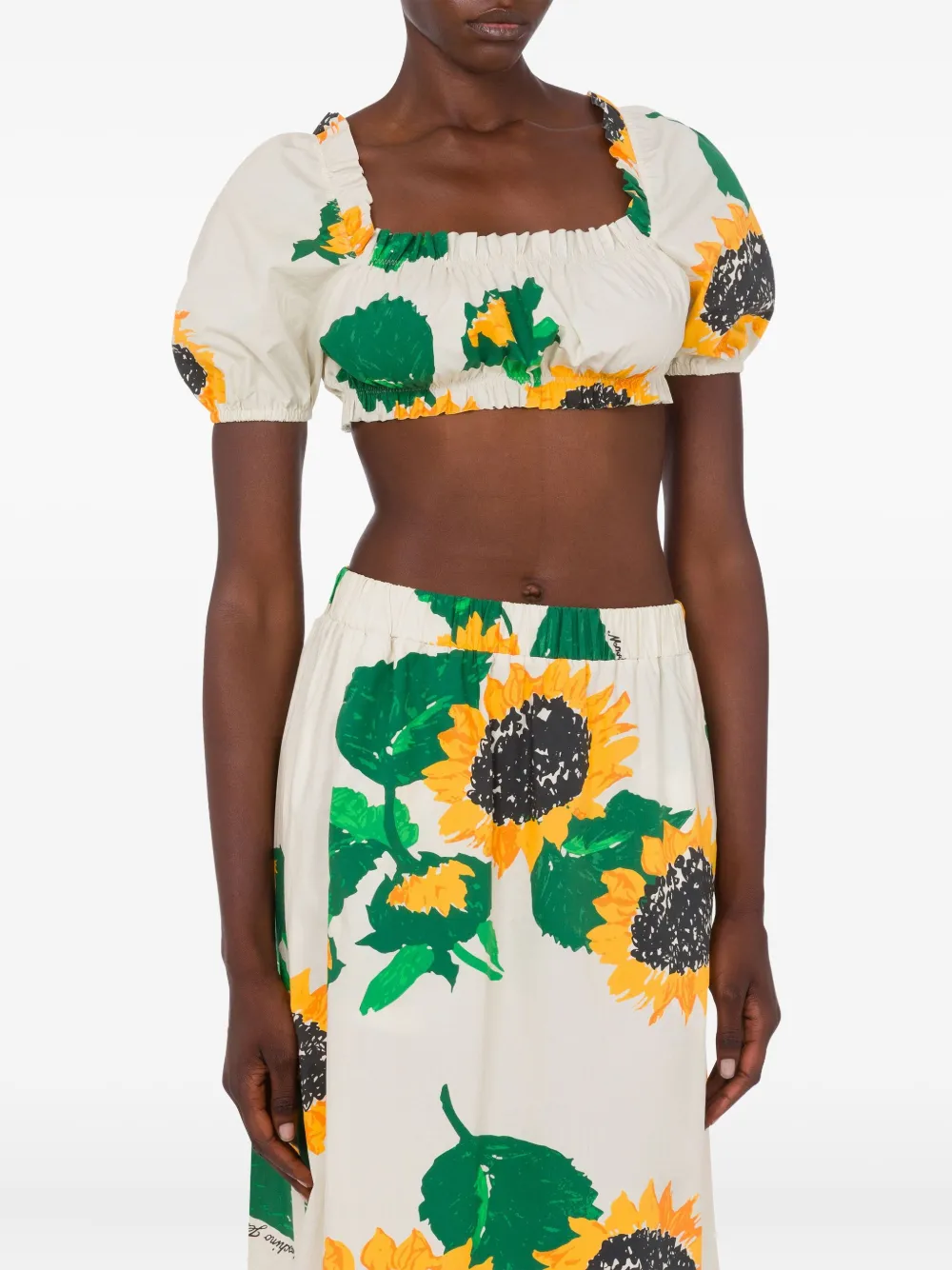  Moschino Jeans Puff-sleeve Floral-print Top - Neutrals 