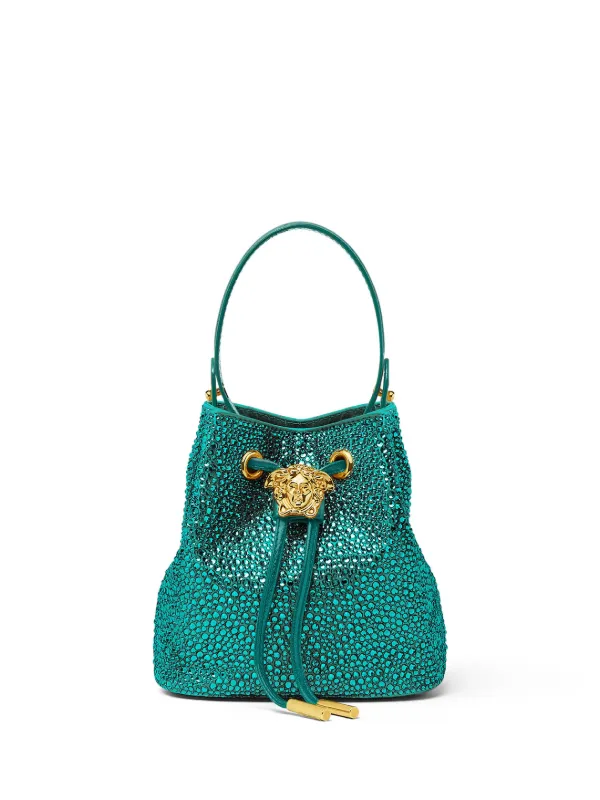 Versace La Medusa Embellished Satin Mini Bucket Bag in Green