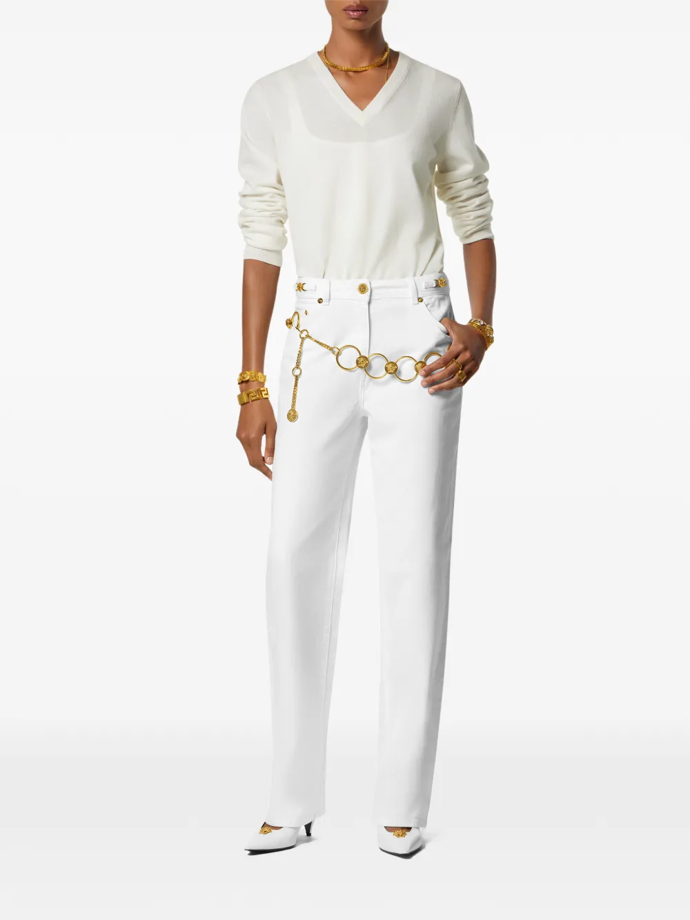  Versace Pull à Col V - Blanc 