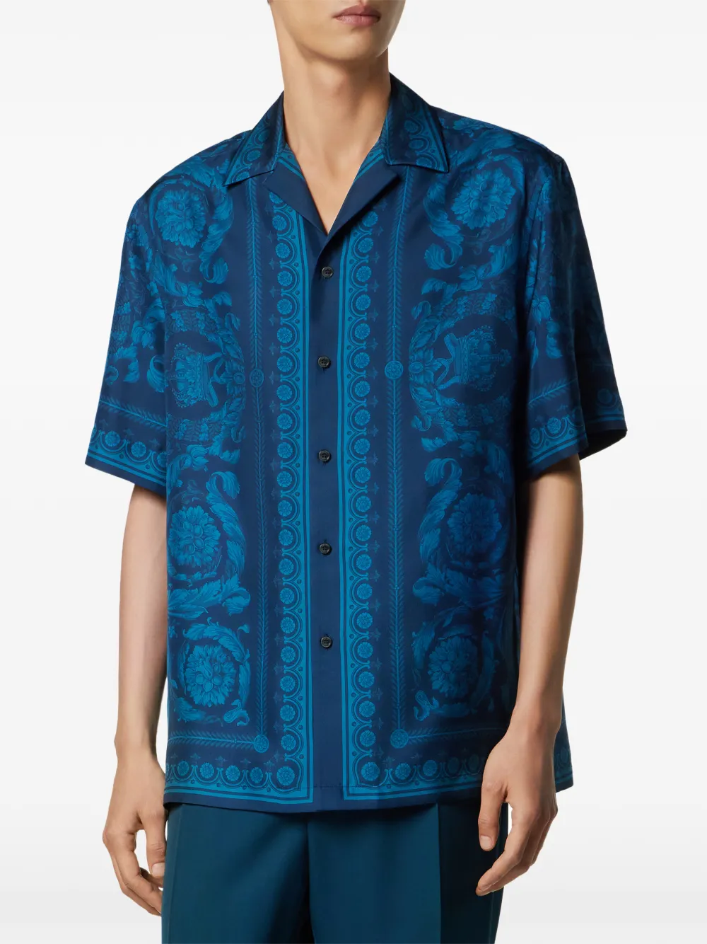  Versace Barocco-print Short-sleeve Shirt - Blue 
