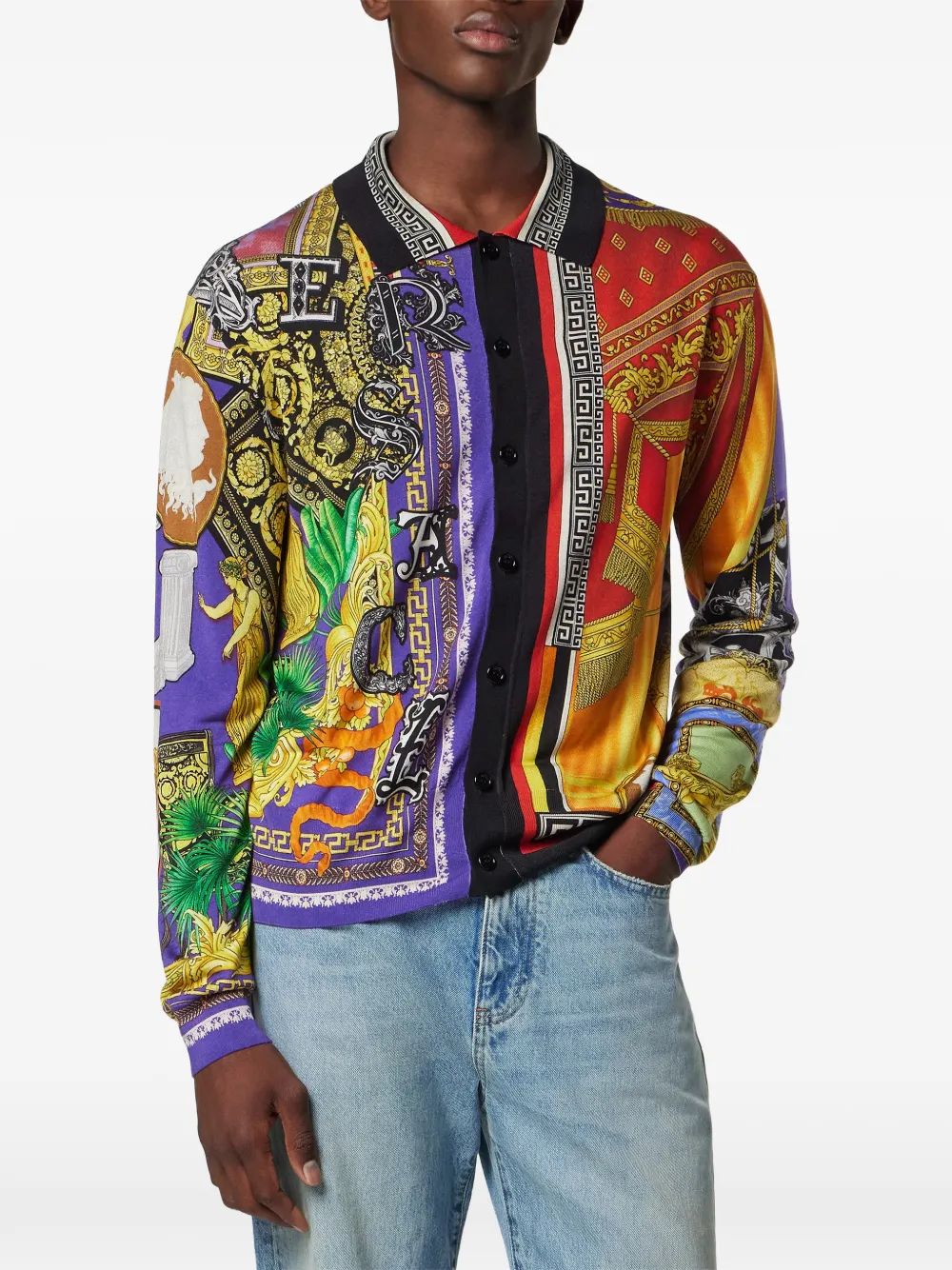  Versace Patchwork-print Button-front Cardigan - Purple 
