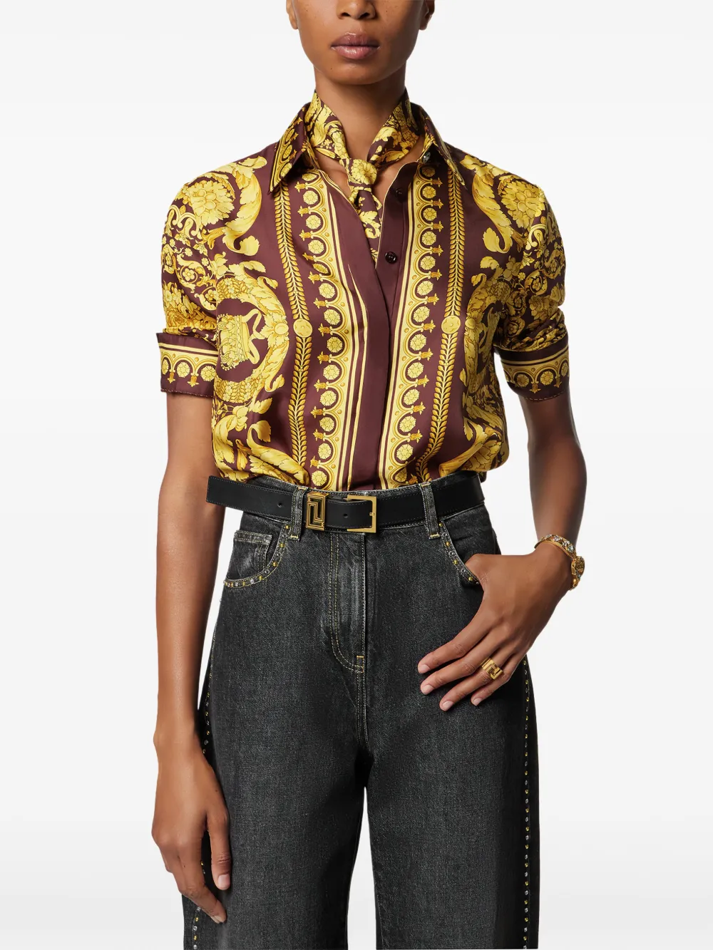 Versace Bordeaux Barocco Print Bandana Scarf In Brown