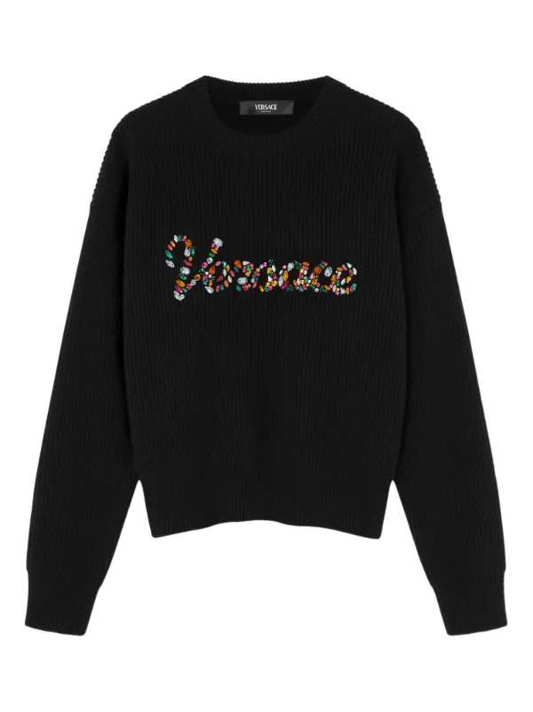 Versace Embroidered Wool Knit Sweater in Black