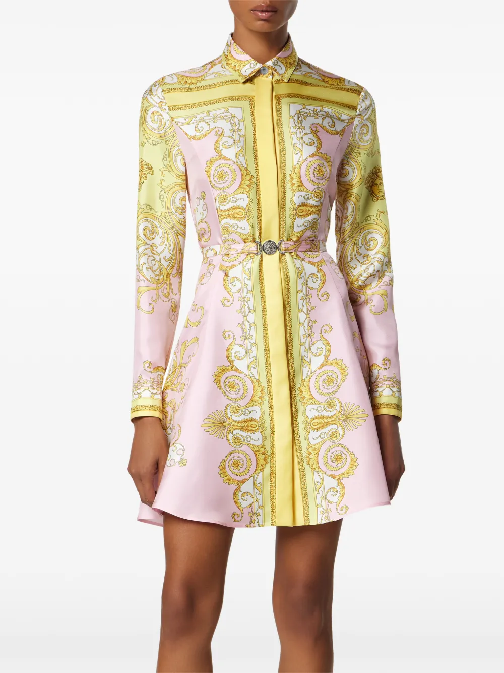 Versace Baroque-print Belted Mini Dress In Pink