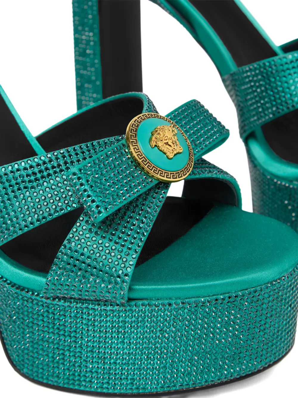 VERSACE GIANNI RIBBON EMBELLISHED SATIN SANDALS 140 MM