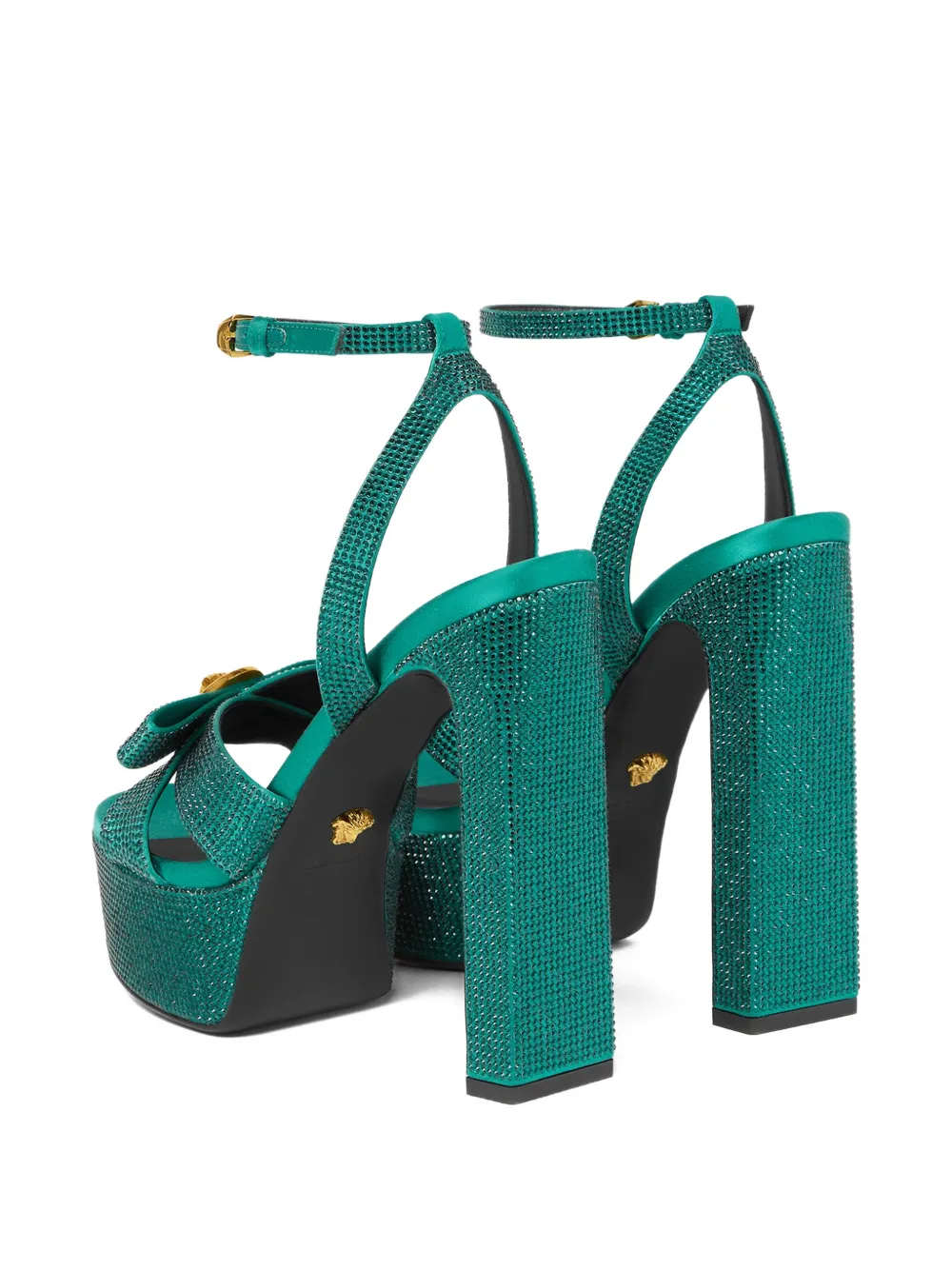 VERSACE GIANNI RIBBON EMBELLISHED SATIN SANDALS 140 MM