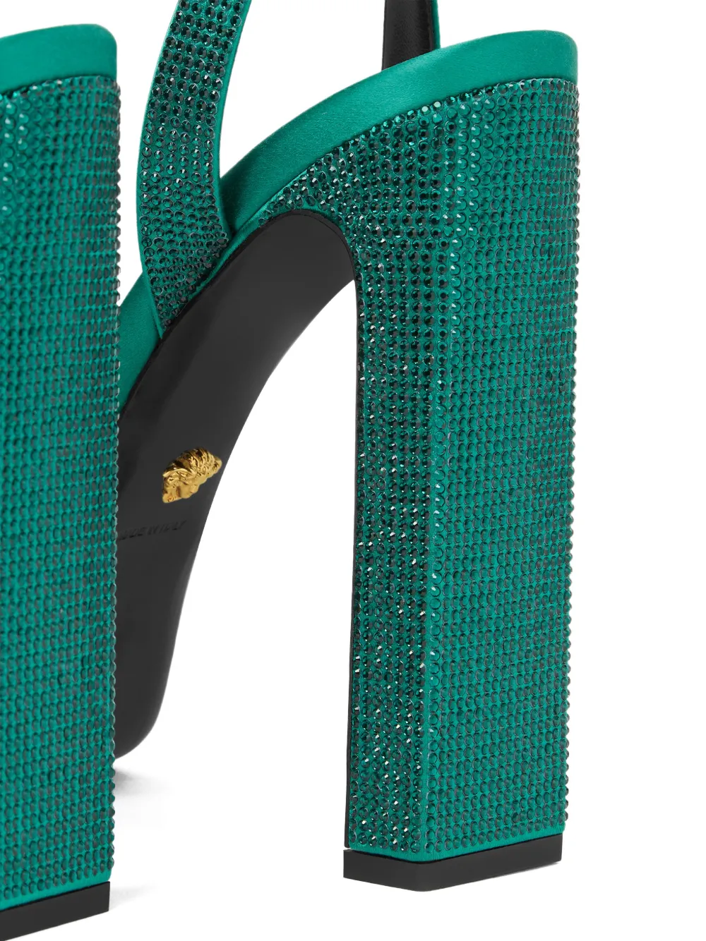 VERSACE GIANNI RIBBON EMBELLISHED SATIN SANDALS 140 MM