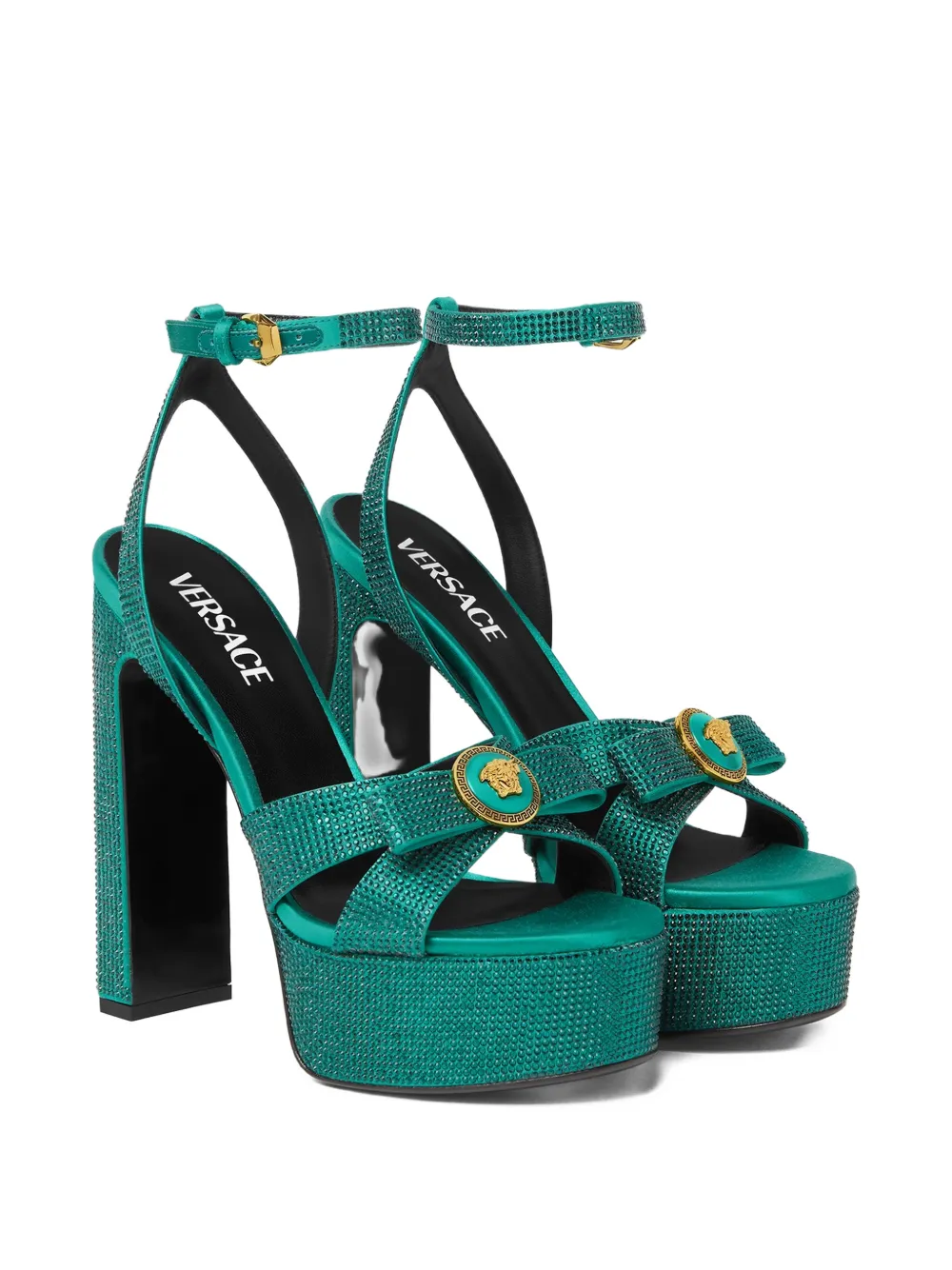 VERSACE GIANNI RIBBON EMBELLISHED SATIN SANDALS 140 MM