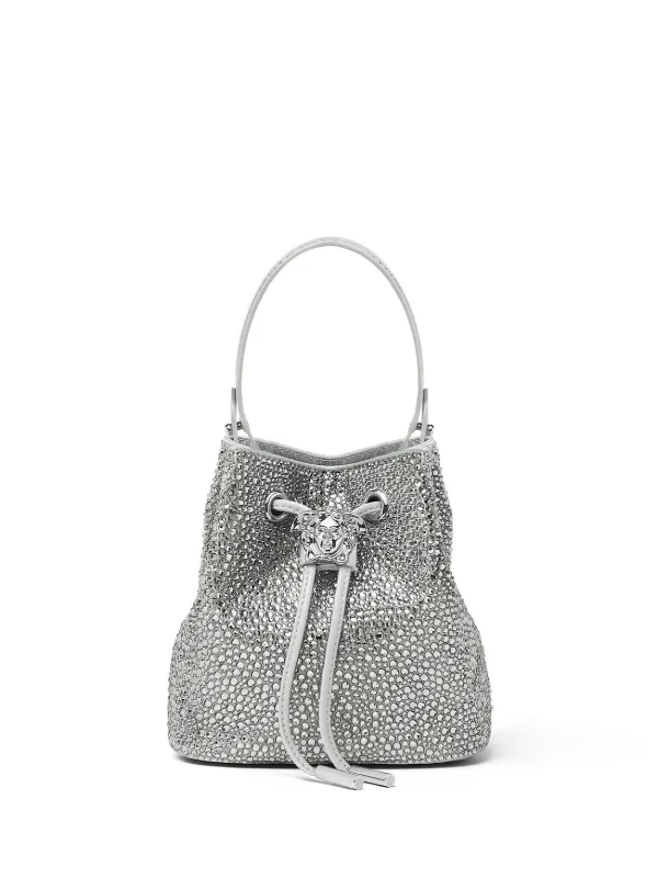 Versace La Medusa Embellished Satin Mini Bucket Bag in Silver