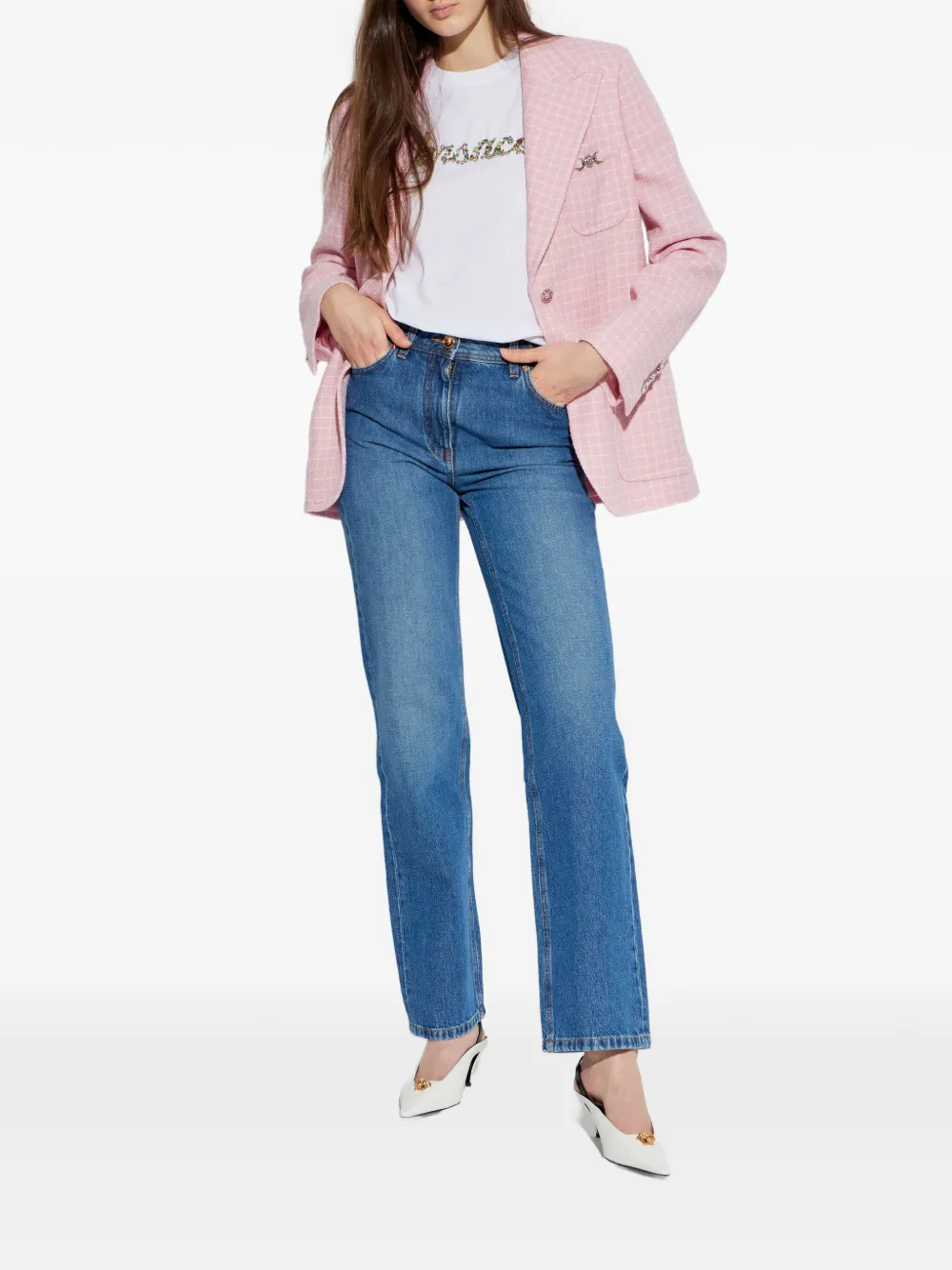 Versace Check-patterned Blazer In Pink
