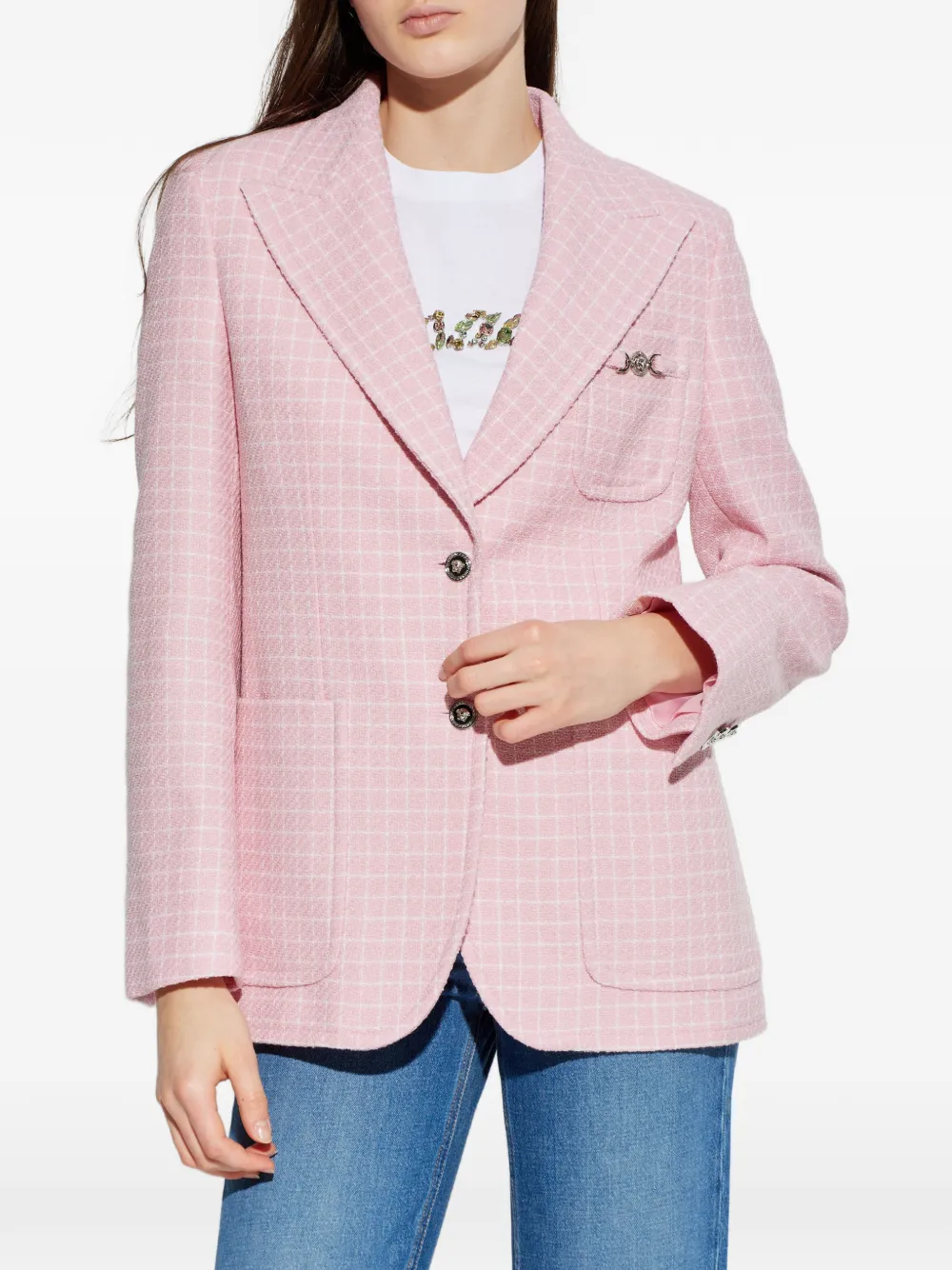 Versace Check-patterned Blazer In Pink