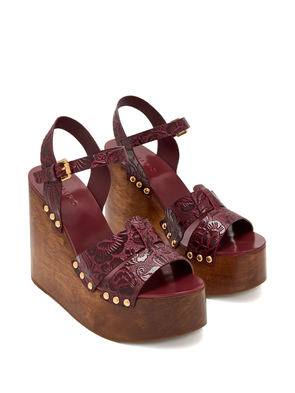 Farm Rio Floral-embossed Studded Sandals In Burgundy