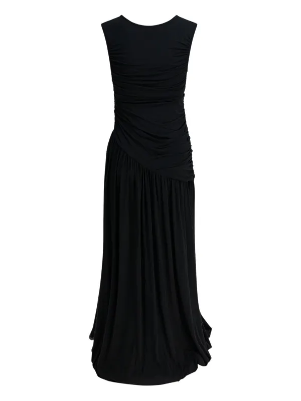 slim fit dress slacks Black Mock Neck Ruched Open Back Maxi Dress
