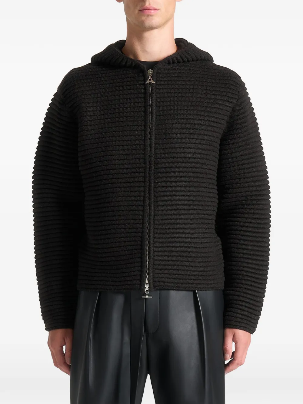 Manière De Voir Eden ribbed-knit zip-up hoodie Zwart