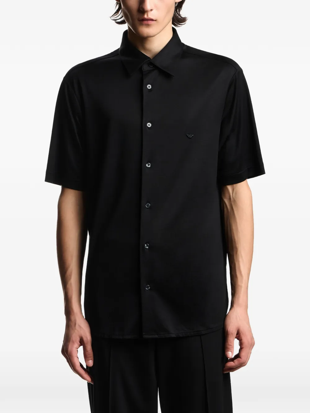 Emporio Armani Slim Fit Lyocell Jersey Shirt with Short Sleeves in Black, view 3