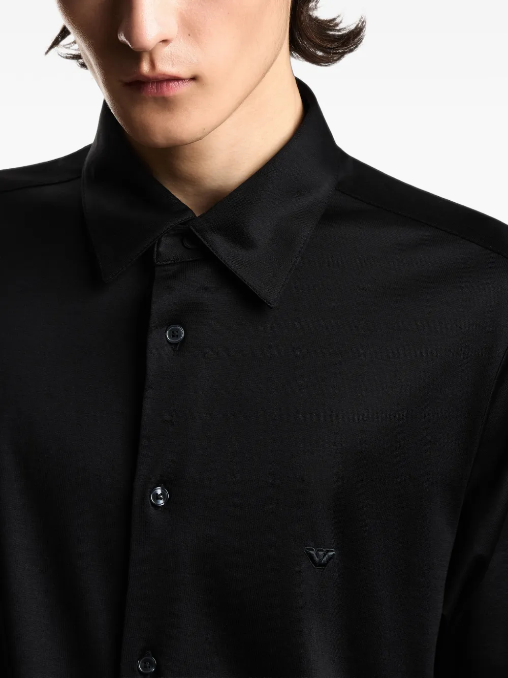 Emporio Armani Slim Fit Lyocell Jersey Shirt with Short Sleeves in Black, view 5