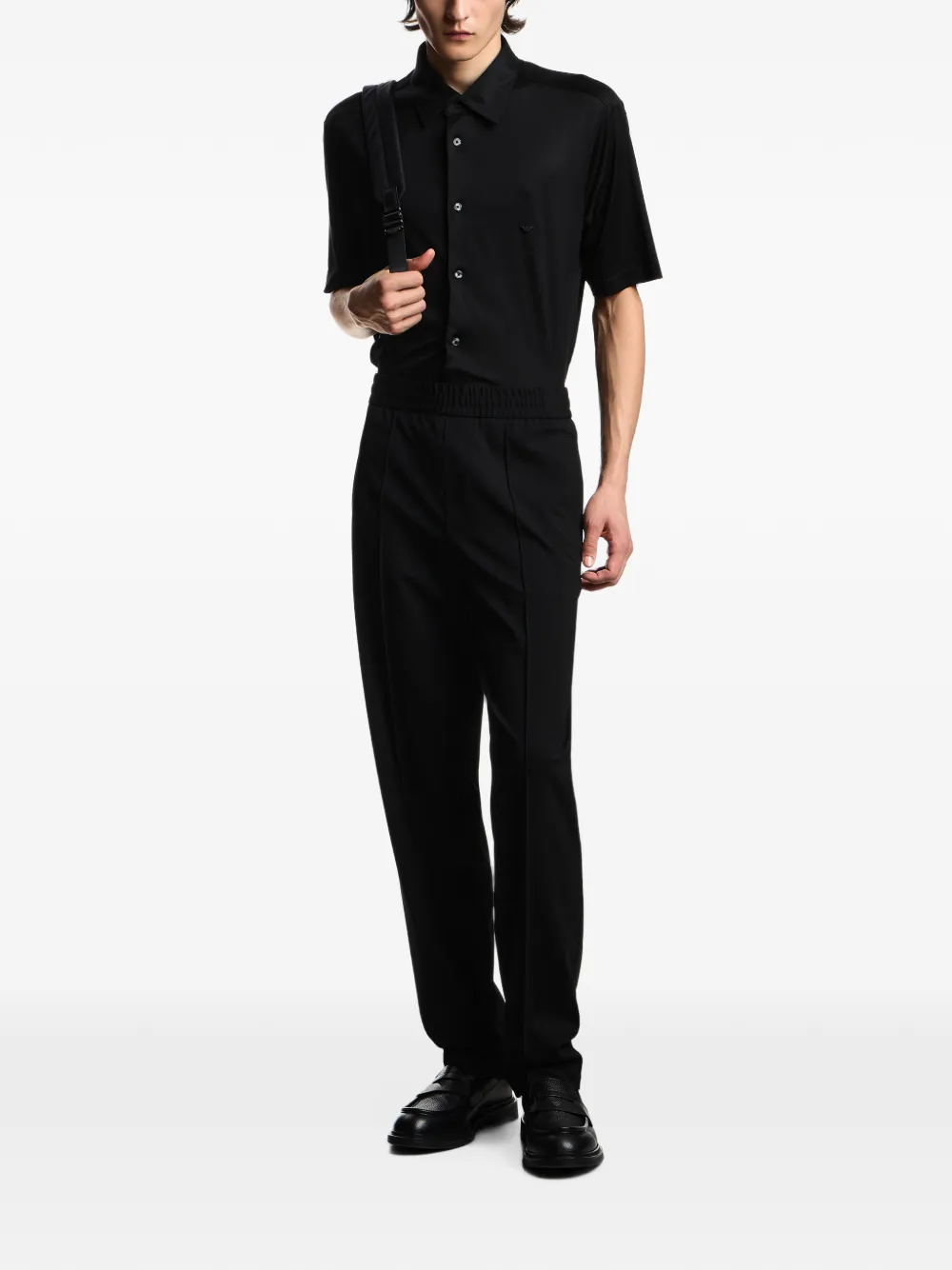 Emporio Armani Slim Fit Lyocell Jersey Shirt with Short Sleeves in Black, view 2