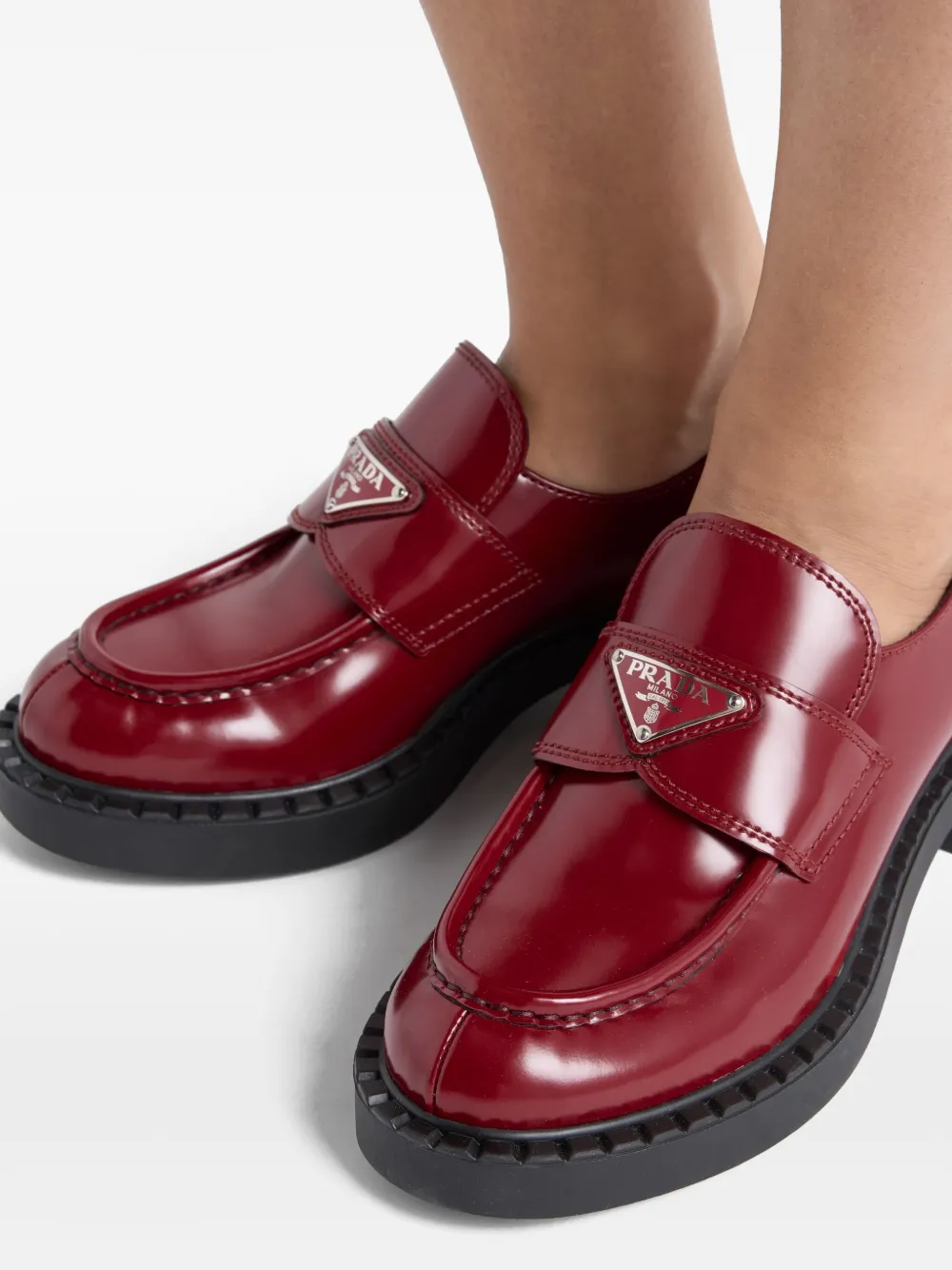 Prada Leather Logo Loafers In Red