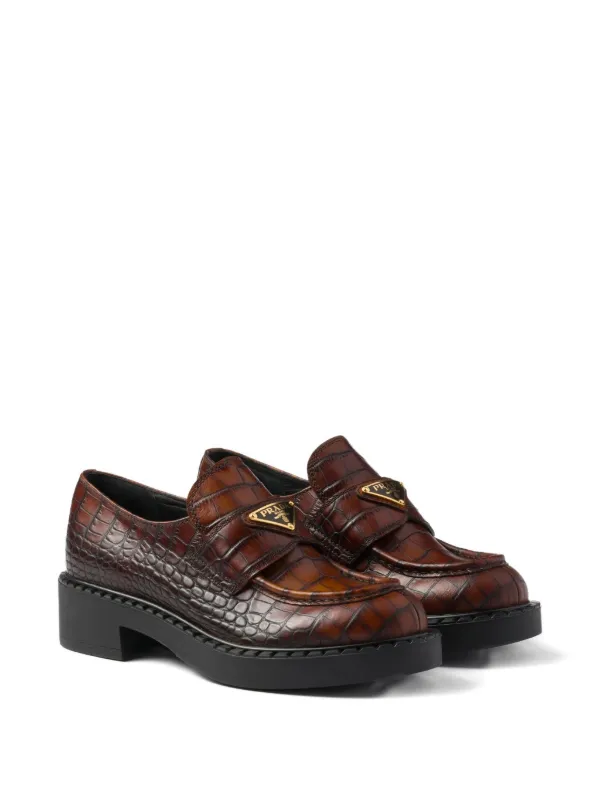Prada crocodile-print Logo Loafers | Brown | FARFETCH