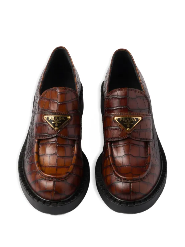 Prada crocodile-print Logo Loafers | Brown | FARFETCH