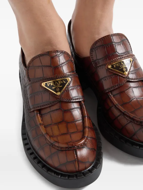 Prada crocodile-print Logo Loafers | Brown | FARFETCH