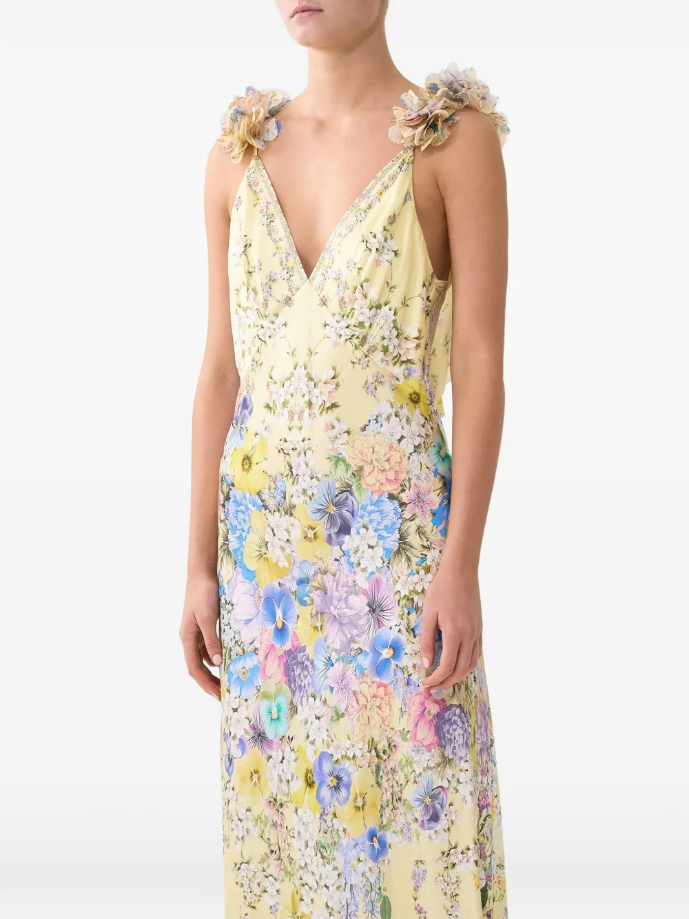 Camilla Embellished Floral Ruffled Silk Satin Maxi Dress In Yellow