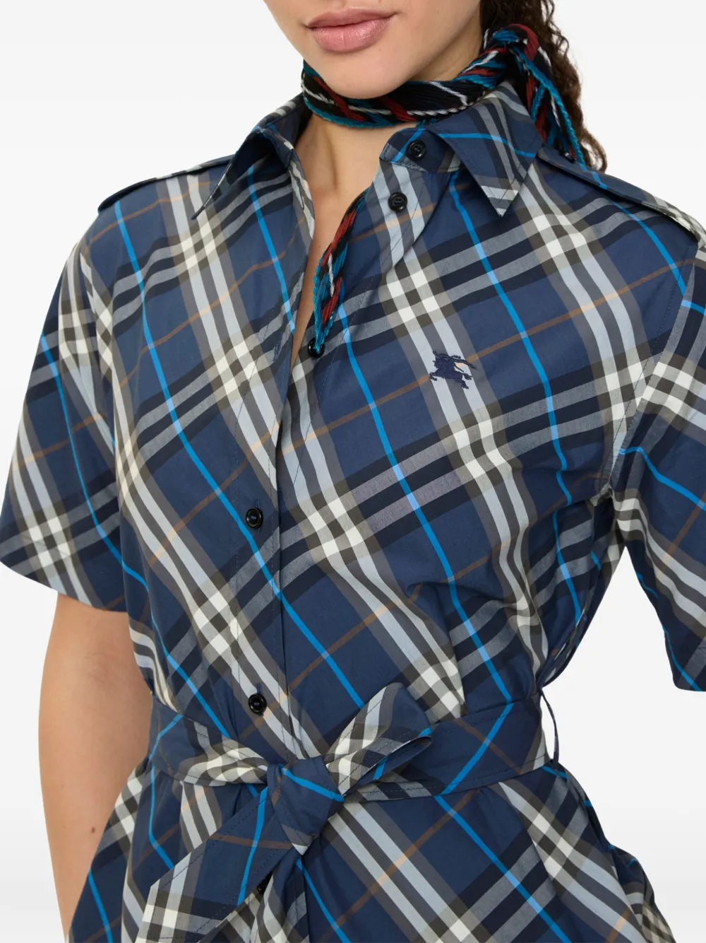 Burberry Check-pattern Mini Shirt Dress In Blue