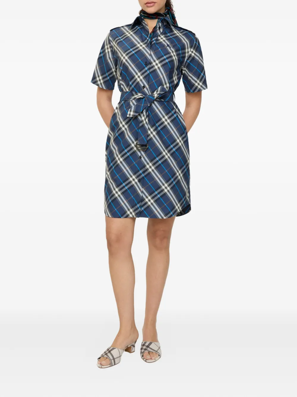 Burberry Check-pattern Mini Shirt Dress In Blue